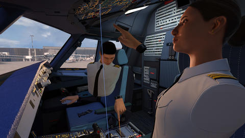 Flight training session with pilots practising in a virtual cockpit