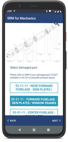 Damaged part selection on fuselage Damaged part selection on fuselage