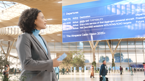 Airspace - Futuristic airport interior with a lady looking at the screen