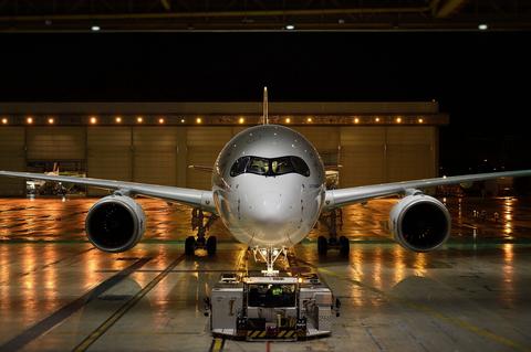 Airbus A350 in a hangar at CDG airport