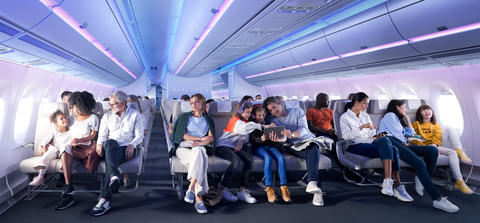 Passengers in 10 abreast seats of A350 Airspace Economy class cabin