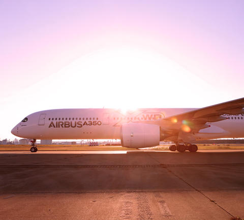 A350 stationed on the ground,at sunset 
