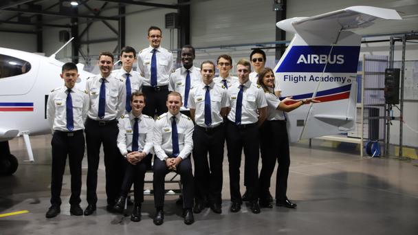 Airbus Flight Academy group of cadets in hangar Airbus Flight Academy group of cadets in hangar