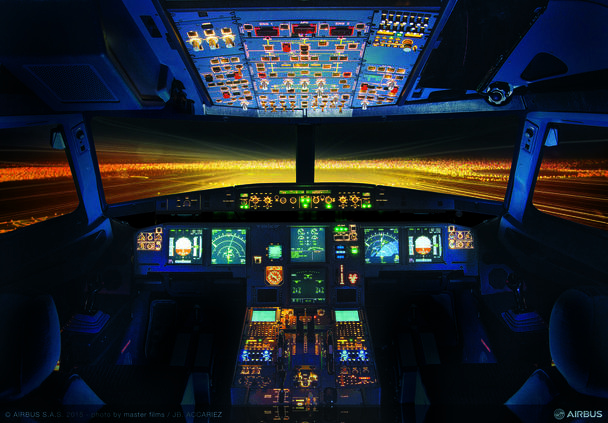 A320 Airbus cockpit by night