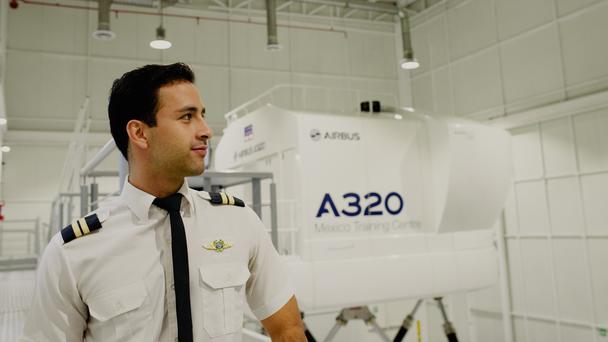 Airbus Flight Academy Mexico - cadet in front of A320 simulator Airbus Flight Academy Mexico - cadet in front of A320 simulator