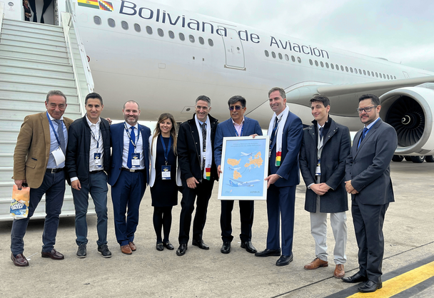 Airbus and Boliviana top executives in front of the new aircraft, holding a map of its destinations
