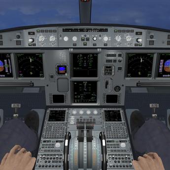 Two pilots in virtual reality cockpit simulator during an immersive flight training exercise.