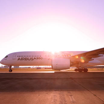 A350 stationed on the ground,at sunset 