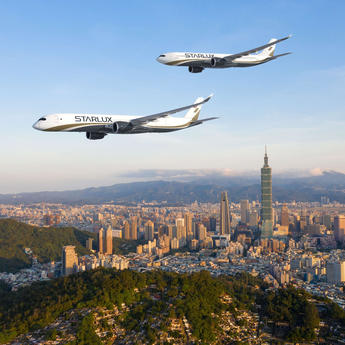 Rendering of Starlux A330neo and A350 flying over Taipei City