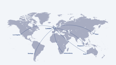 Reachable cities from London by the A350-1000