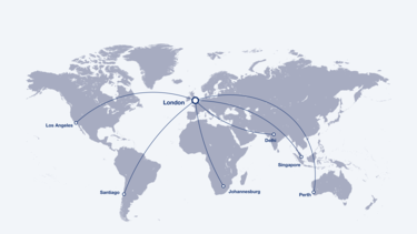 Reachable cities from London by the A350-900