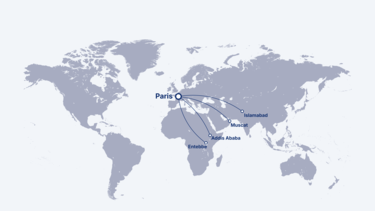 Reachable cities from Paris with the A220-100
