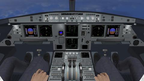 Two pilots in virtual reality cockpit simulator during an immersive flight training exercise.
