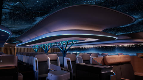 Airspace Cabin Sustainable Vision by night with lights on the ceiling