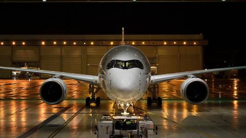 Airbus A350 in a hangar at CDG airport