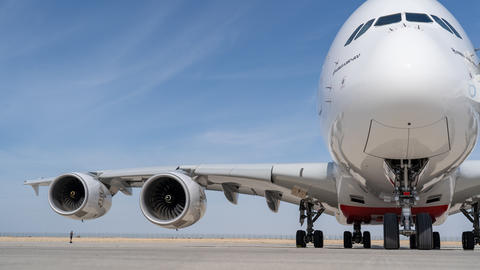 An Emirates A380 on static display at the 2023 Dubai Airshow