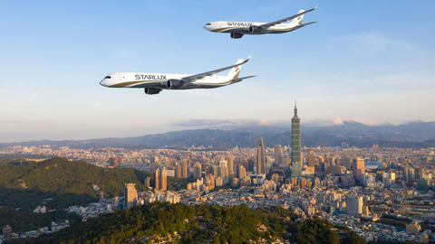 Rendering of Starlux A330neo and A350 flying over Taipei City