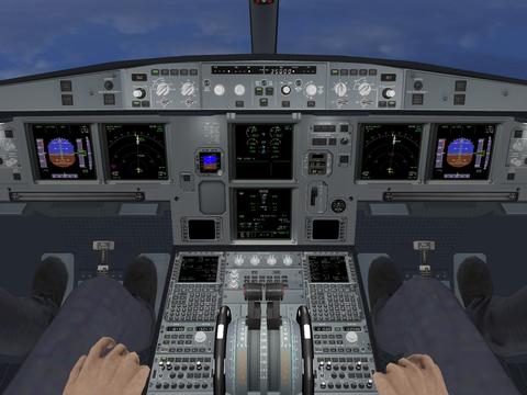 Two pilots in virtual reality cockpit simulator during an immersive flight training exercise.