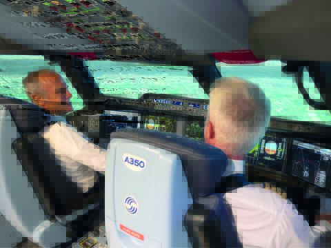 Two pilots in a flight simulator