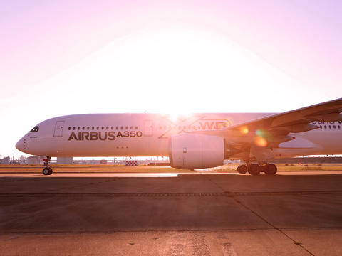 A350 stationed on the ground,at sunset 