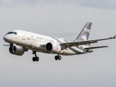 ACJ Two Twinty in flight 