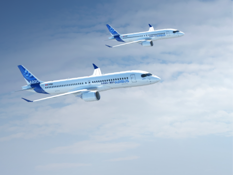 A220 Family aircraft soaring above a modern city skyline