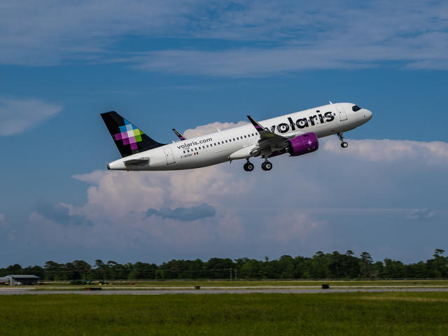 An Airbus A320neo from Volaris taking off after the first delivery in the Airbus' U.S. Man,ufacturing Facility.