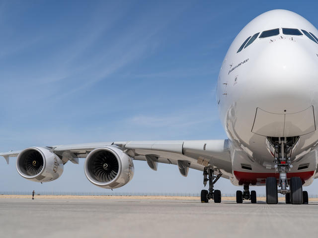 An Emirates A380 on static display at the 2023 Dubai Airshow
