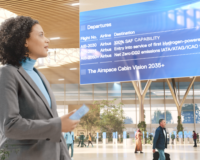 Airspace - Futuristic airport interior with a lady looking at the screen