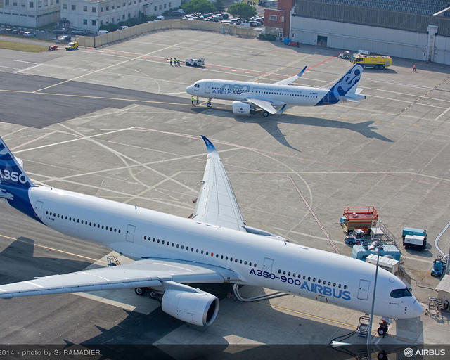 A320neo Airbus with A350-900 Airbus on the ground A320neo Airbus with A350-900 Airbus on the ground