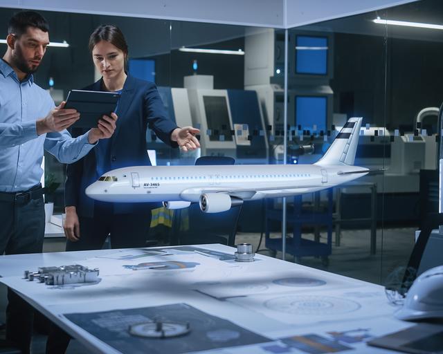 Two people analyzing 3D view of aircraft Two people analyzing 3D view of aircraft