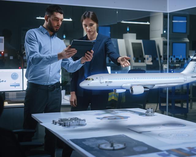 Two people working, looking at a tablet. Two people working, looking at a tablet.