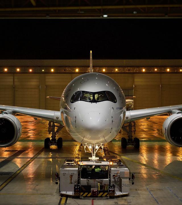 Airbus A350 in a hangar at CDG airport