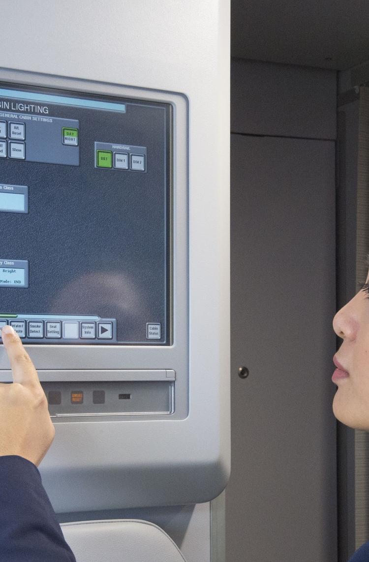 A flight attendant in uniform operating the Flight Attendant Panel (FAP) on the aircraft.