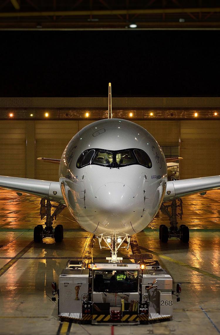Airbus A350 in a hangar at CDG airport