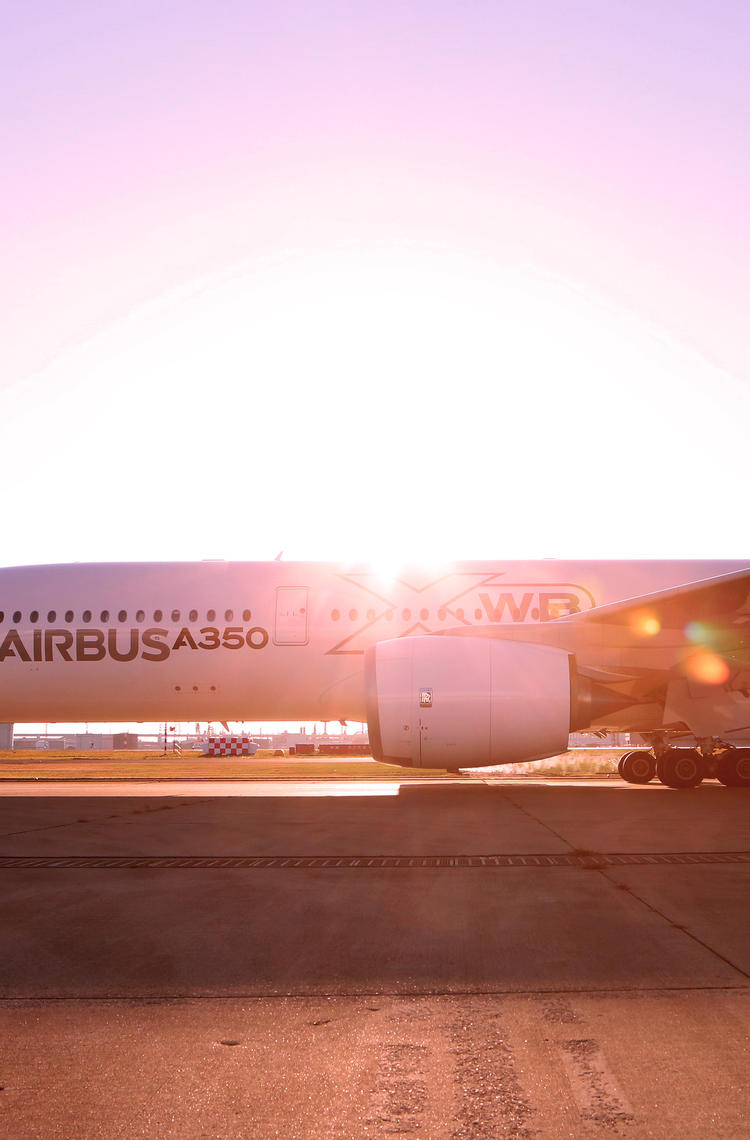 A350 stationed on the ground,at sunset 