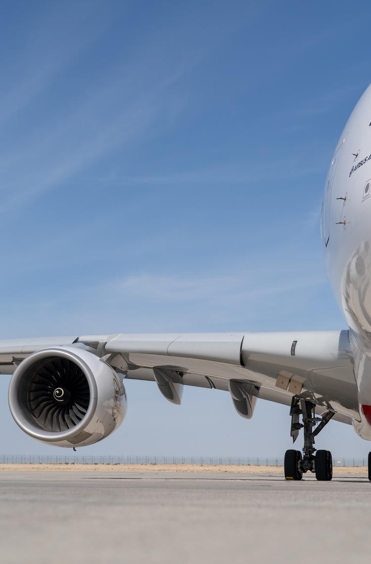 An Emirates A380 on static display at the 2023 Dubai Airshow