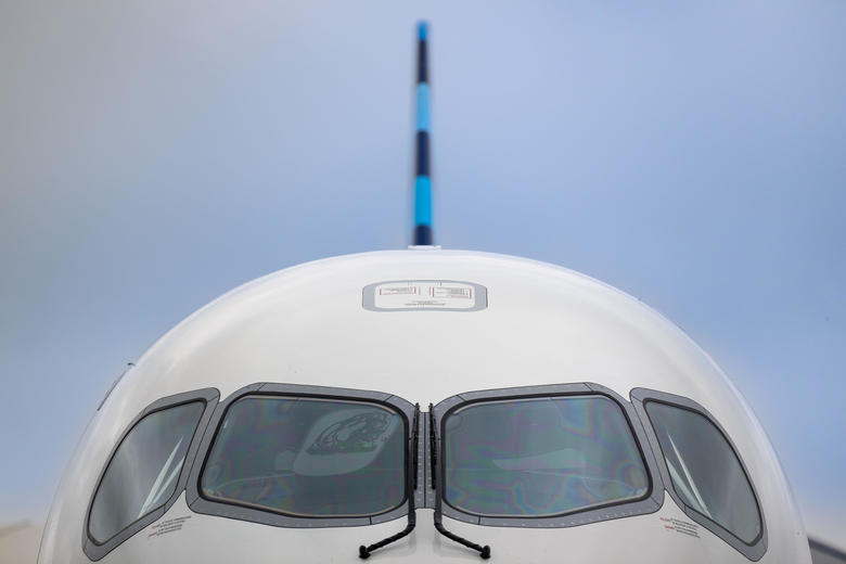 JetBlue A220 close-up at the 2024 Farnborough International Airshow